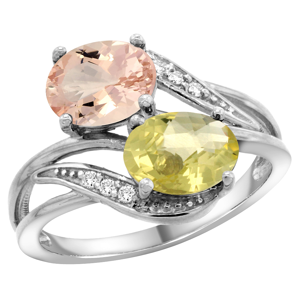 10K White Gold Diamond Natural Morganite & Lemon Quartz 2-stone Ring Oval 8x6mm, sizes 5 - 10