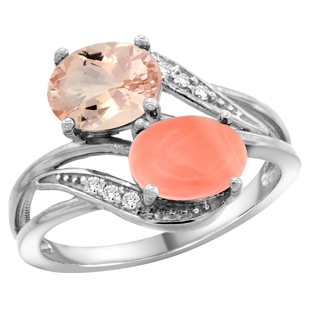 14K WHITE GOLD DIAMOND NATURAL MORGANITE & CORAL 2-STONE RING OVAL 8X6MM, SIZES 5 - 10