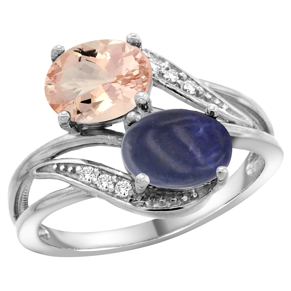 14K WHITE GOLD DIAMOND NATURAL MORGANITE & LAPIS 2-STONE RING OVAL 8X6MM, SIZES 5 - 10