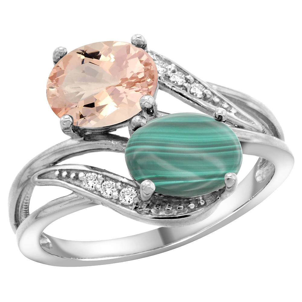 14K WHITE GOLD DIAMOND NATURAL MORGANITE & MALACHITE 2-STONE RING OVAL 8X6MM, SIZES 5 - 10
