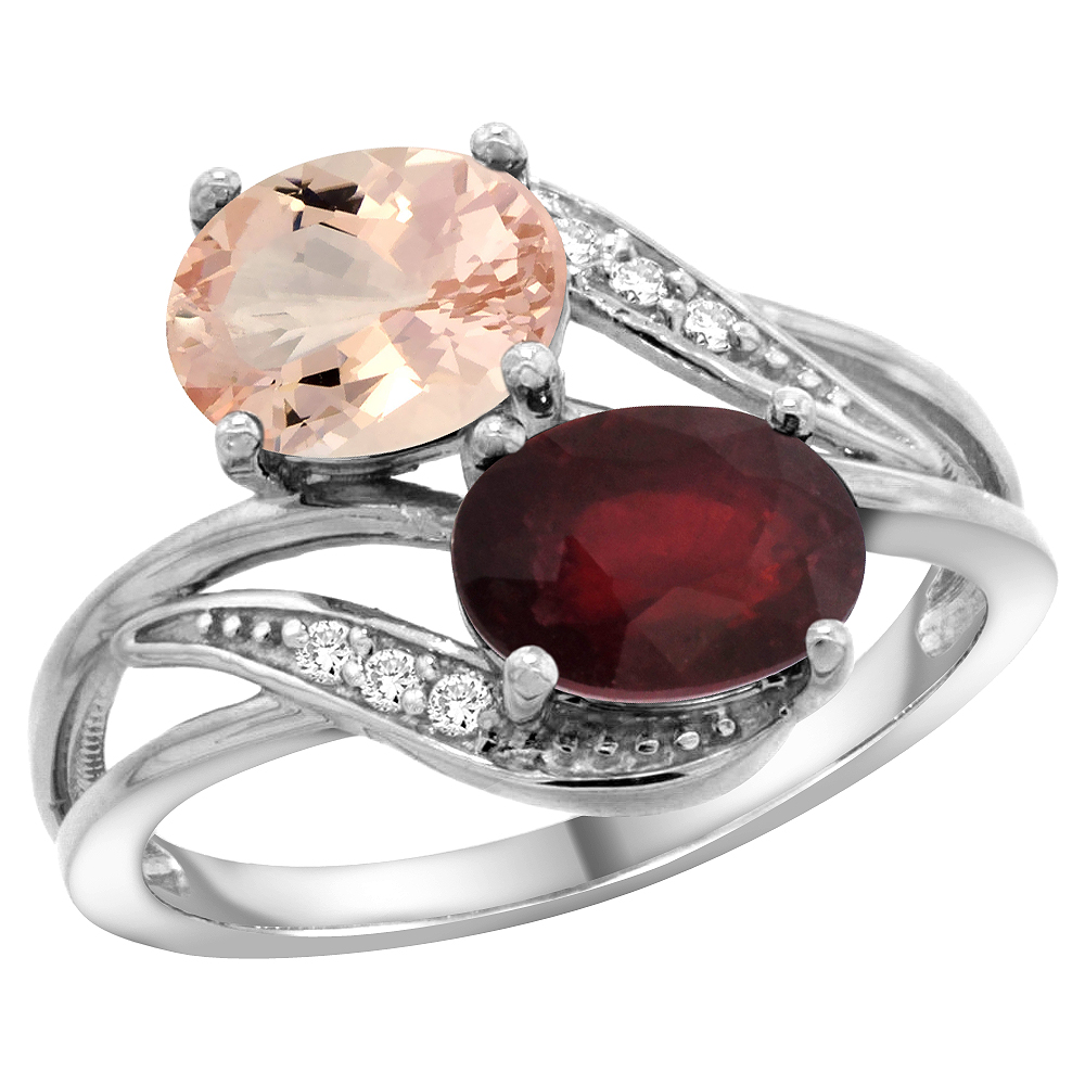 10K White Gold Diamond Natural Morganite & Quality Ruby 2-stone Mothers Ring Oval 8x6mm, size 5 - 10