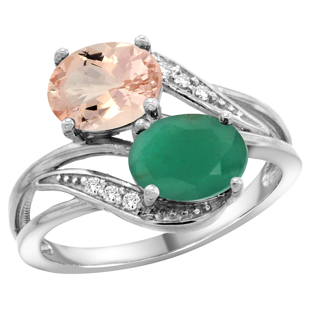 14K White Gold Diamond Natural Morganite & Quality Emerald 2-stone Mothers Ring Oval 8x6mm, size 5 - 10