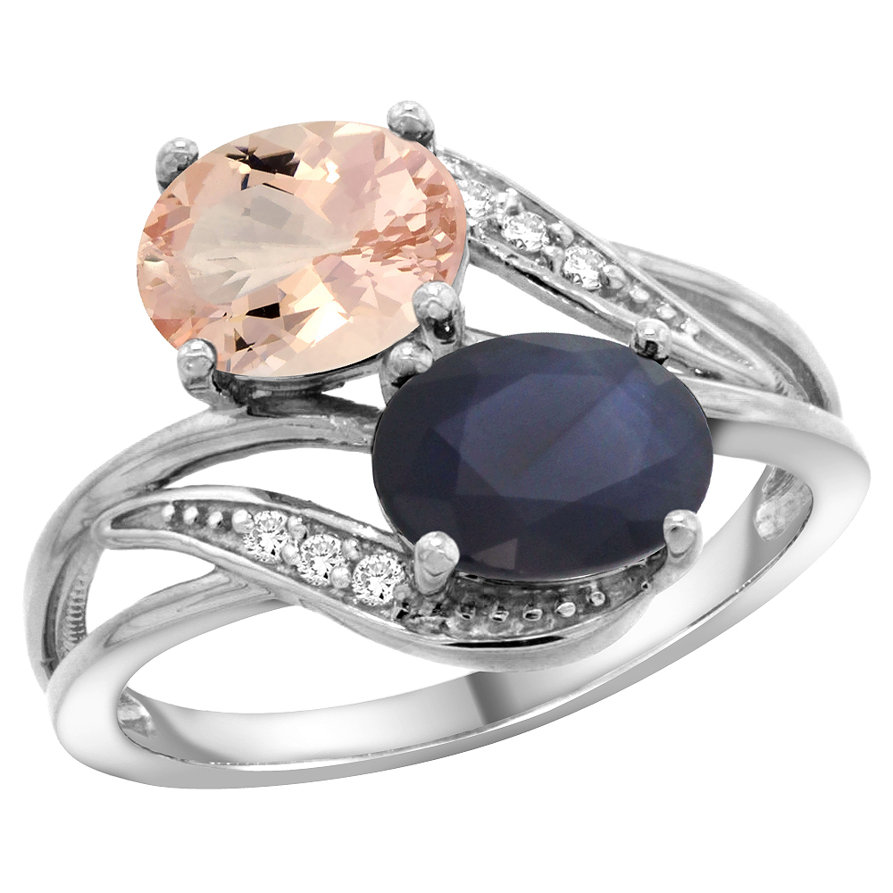 14K White Gold Diamond Natural Morganite & Quality Blue Sapphire 2-stone Mothers Ring Oval 8x6mm,sz5 - 10