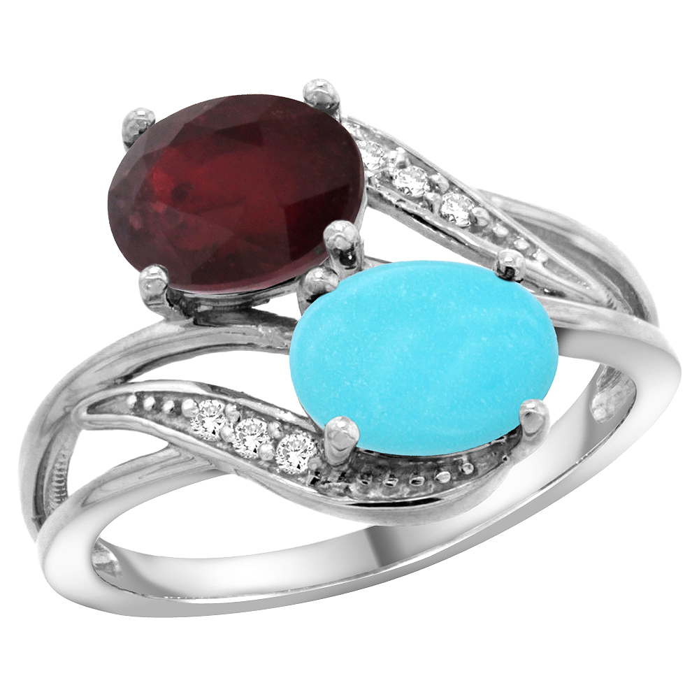 14K White Gold Diamond Enhanced Ruby &amp; Natural Turquoise 2-stone Ring Oval 8x6mm, sizes 5 - 10