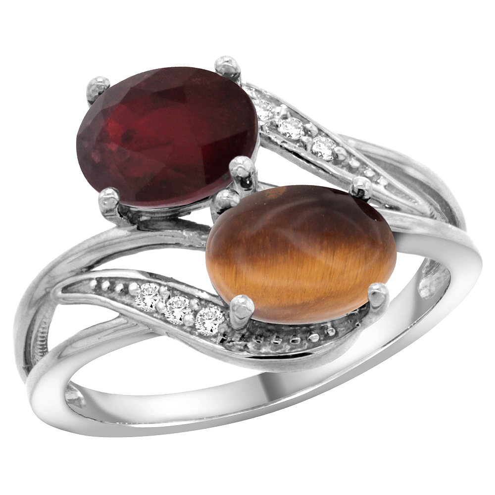 14K WHITE GOLD DIAMOND ENHANCED RUBY & NATURAL TIGER EYE 2-STONE RING OVAL 8X6MM, SIZES 5 - 10
