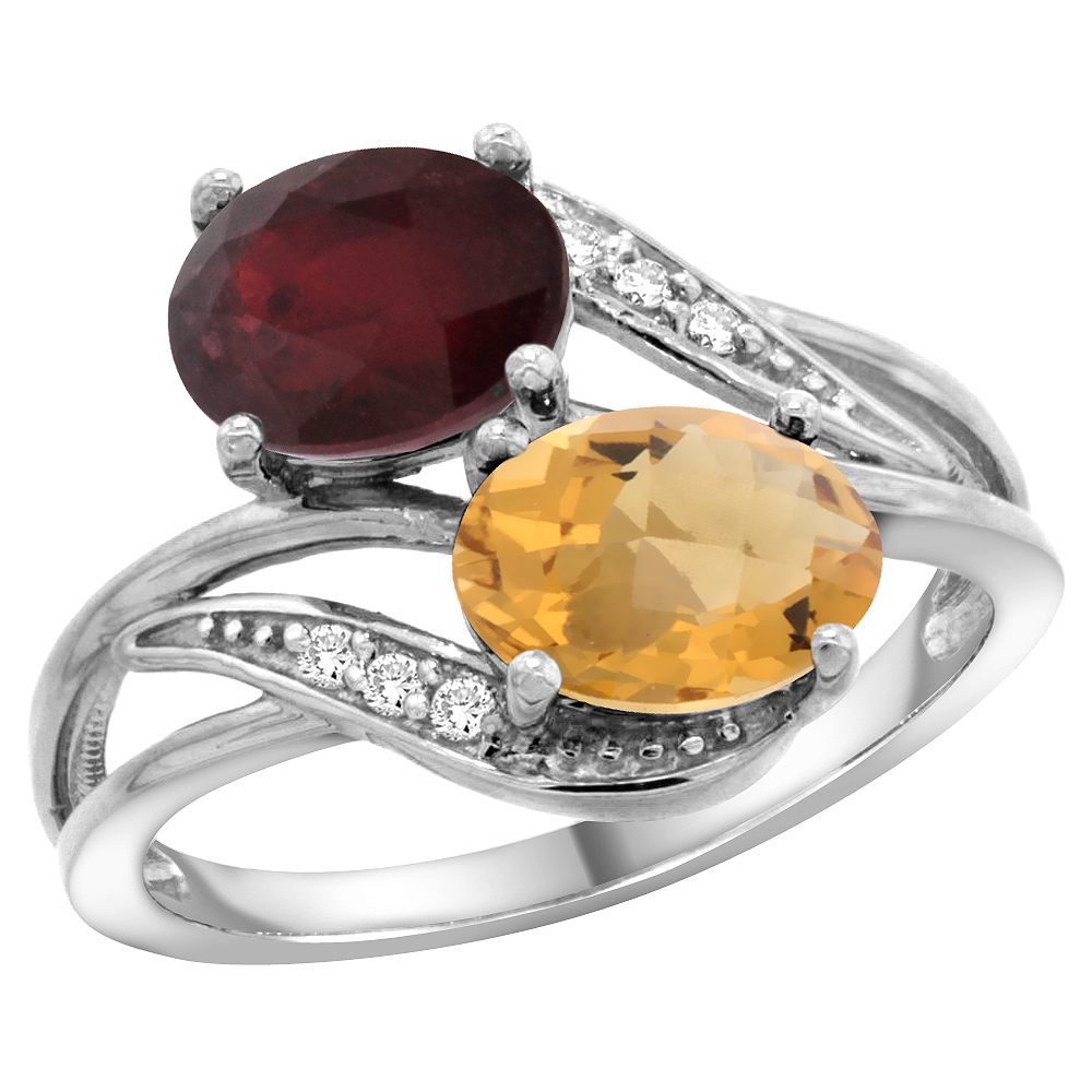 14K WHITE GOLD DIAMOND ENHANCED RUBY & NATURAL WHISKY QUARTZ 2-STONE RING OVAL 8X6MM, SIZES 5 - 10