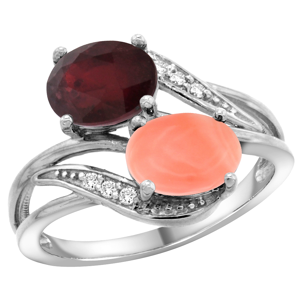 14K White Gold Diamond Enhanced Ruby &amp; Natural Coral 2-stone Ring Oval 8x6mm, sizes 5 - 10