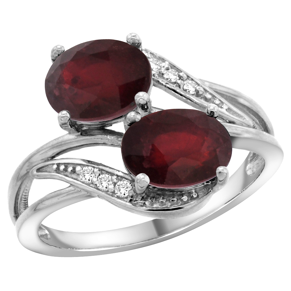 14K White Gold Diamond Enhanced Ruby &amp; Natural Quality Ruby 2-stone Mothers Ring Oval 8x6mm, size 5 - 10