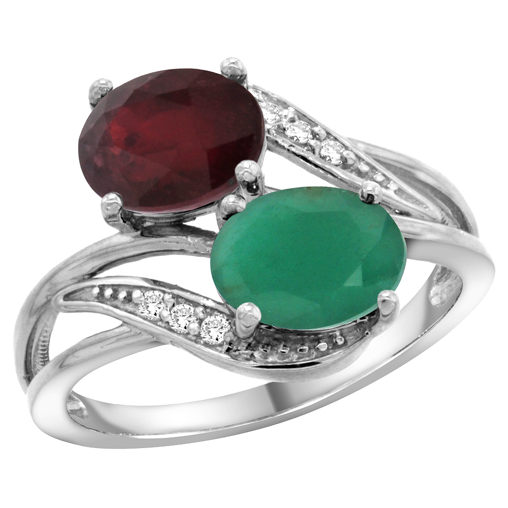 14K WHITE GOLD DIAMOND ENHANCED RUBY & NATURAL QUALITY EMERALD 2-STONE MOTHERS RING OVAL 8X6MM, SZ 5 - 10