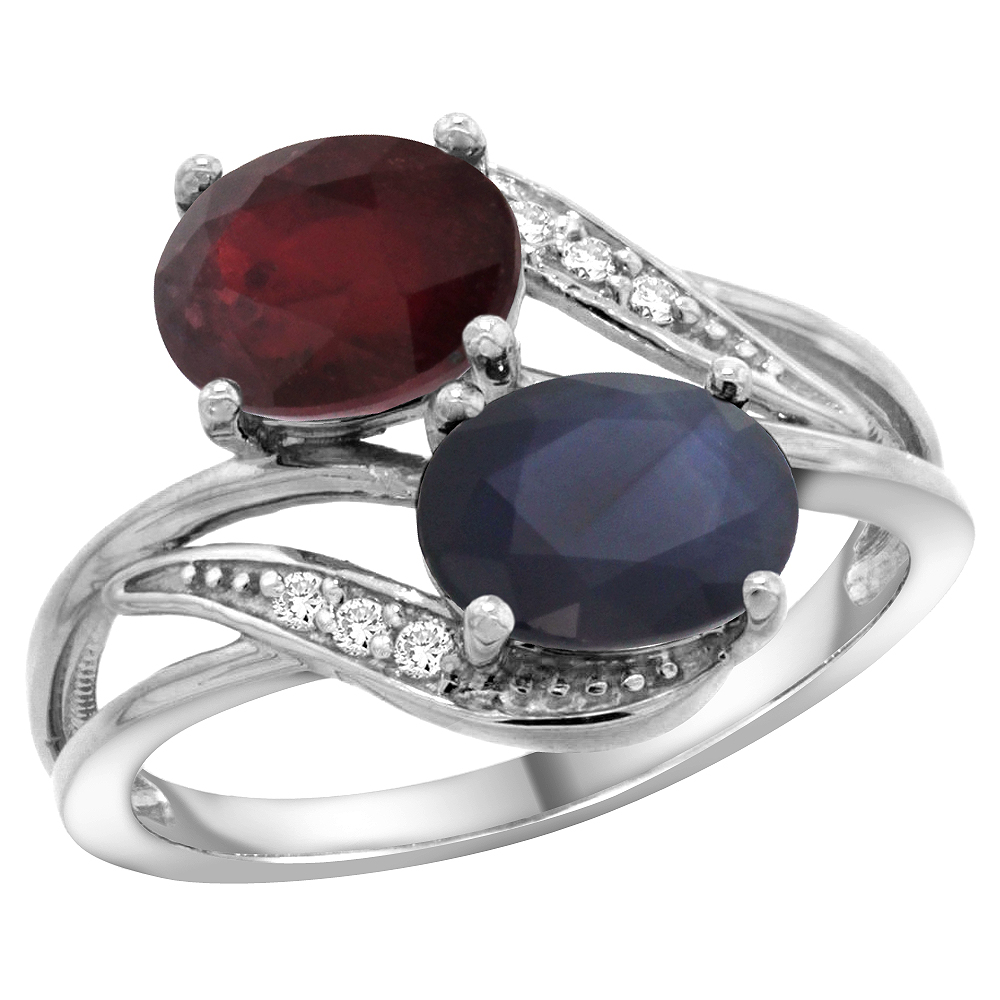 14K White Gold Diamond Enhanced Ruby &amp; Natural Quality Blue Sapphire 2-stone Ring Oval 8x6mm,size5-10