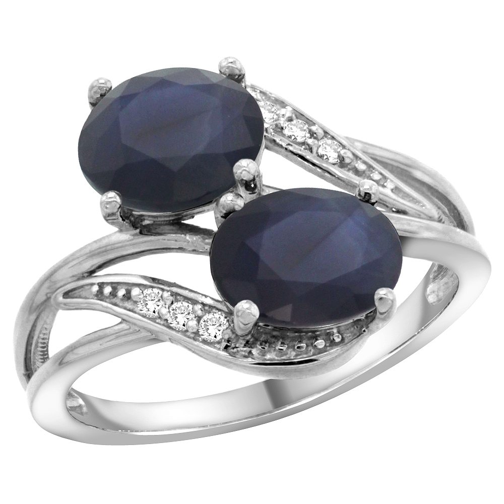 14K WHITE GOLD DIAMOND NATURAL BLUE SAPPHIRE 2-STONE RING OVAL 8X6MM, SIZES 5 - 10