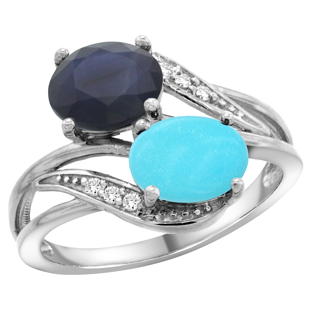 14K White Gold Diamond Natural Blue Sapphire &amp; Turquoise 2-stone Ring Oval 8x6mm, sizes 5 - 10