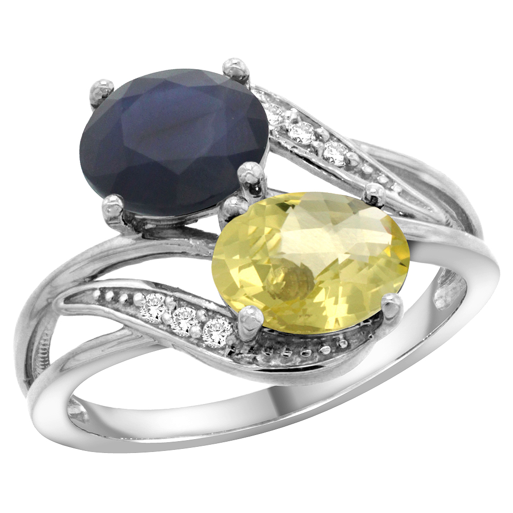 14K White Gold Diamond Natural Blue Sapphire &amp; Lemon Quartz 2-stone Ring Oval 8x6mm, sizes 5 - 10