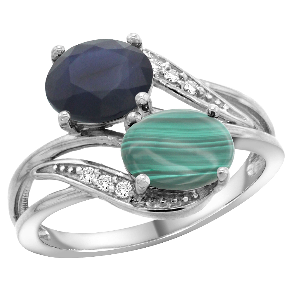 10K White Gold Diamond Natural Blue Sapphire & Malachite 2-stone Ring Oval 8x6mm, sizes 5 - 10