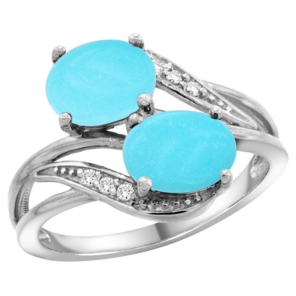 10K White Gold Diamond Natural Turquoise 2-stone Ring Oval 8x6mm, sizes 5 - 10