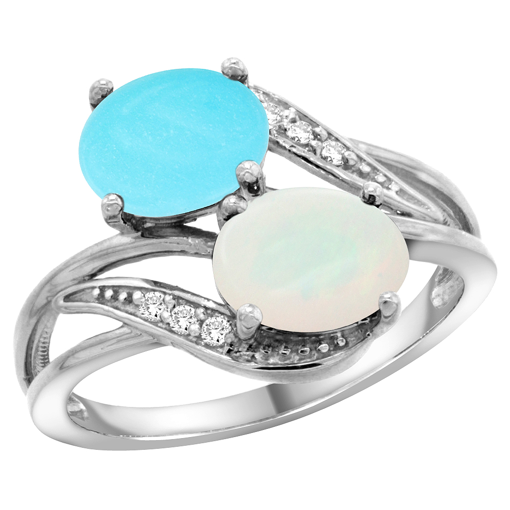 14K WHITE GOLD DIAMOND NATURAL TURQUOISE & OPAL 2-STONE RING OVAL 8X6MM, SIZES 5 - 10