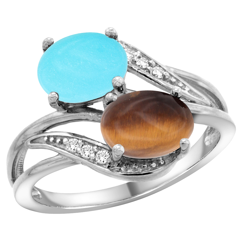 14K WHITE GOLD DIAMOND NATURAL TURQUOISE & TIGER EYE 2-STONE RING OVAL 8X6MM, SIZES 5 - 10