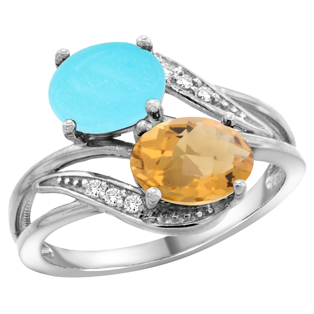 14K WHITE GOLD DIAMOND NATURAL TURQUOISE & WHISKY QUARTZ 2-STONE RING OVAL 8X6MM, SIZES 5 - 10