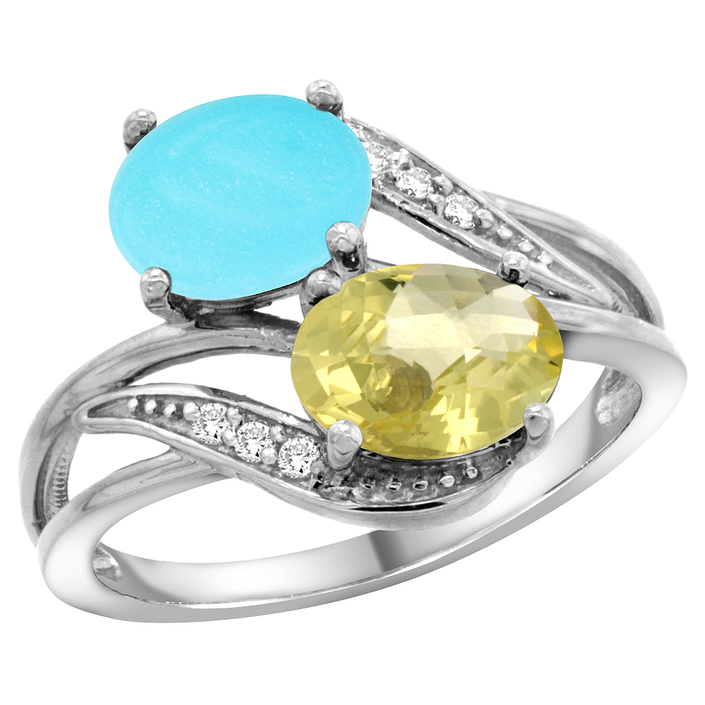 14K WHITE GOLD DIAMOND NATURAL TURQUOISE & LEMON QUARTZ 2-STONE RING OVAL 8X6MM, SIZES 5 - 10