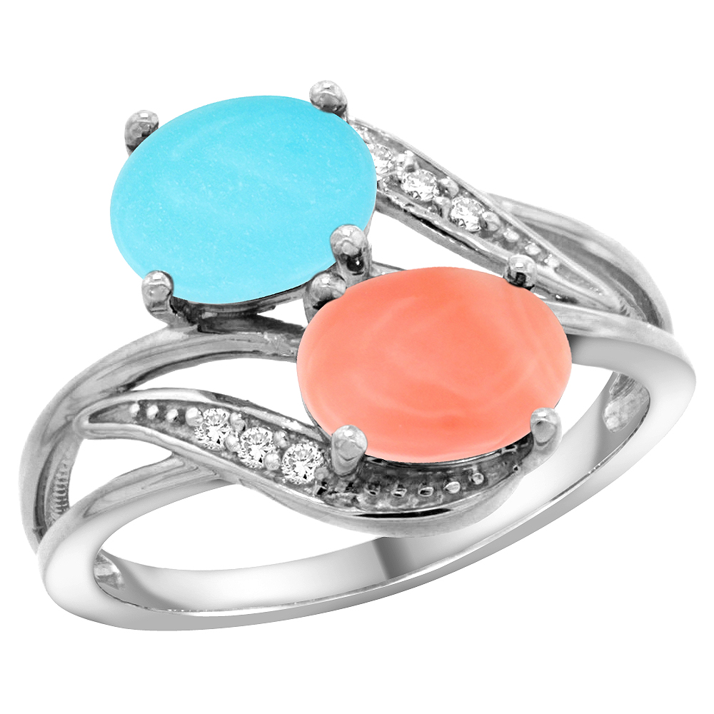 14K WHITE GOLD DIAMOND NATURAL TURQUOISE & CORAL 2-STONE RING OVAL 8X6MM, SIZES 5 - 10