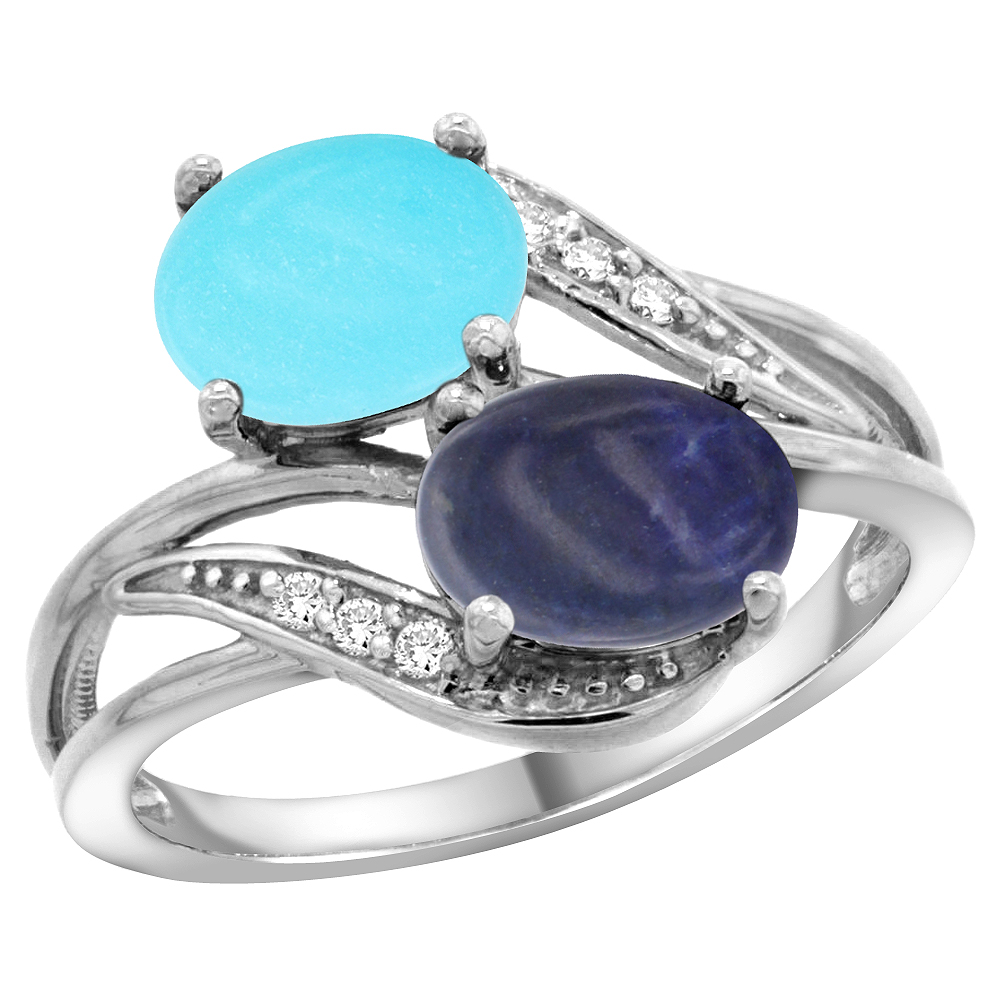 14K WHITE GOLD DIAMOND NATURAL TURQUOISE & LAPIS 2-STONE RING OVAL 8X6MM, SIZES 5 - 10