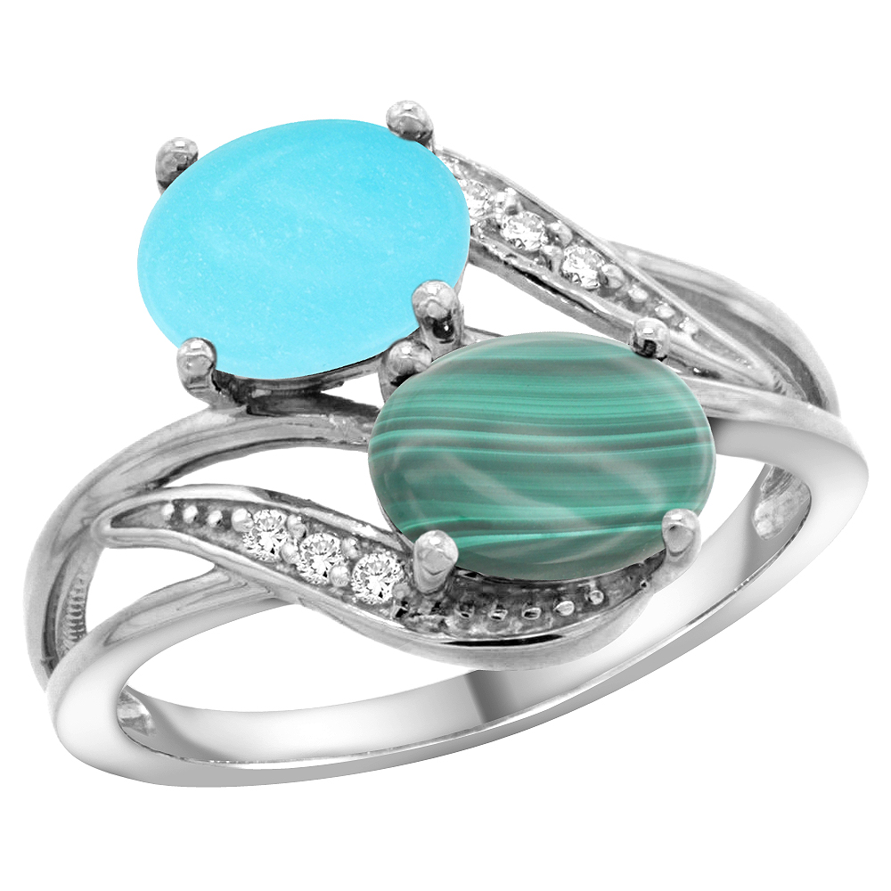 14K WHITE GOLD DIAMOND NATURAL TURQUOISE & MALACHITE 2-STONE RING OVAL 8X6MM, SIZES 5 - 10