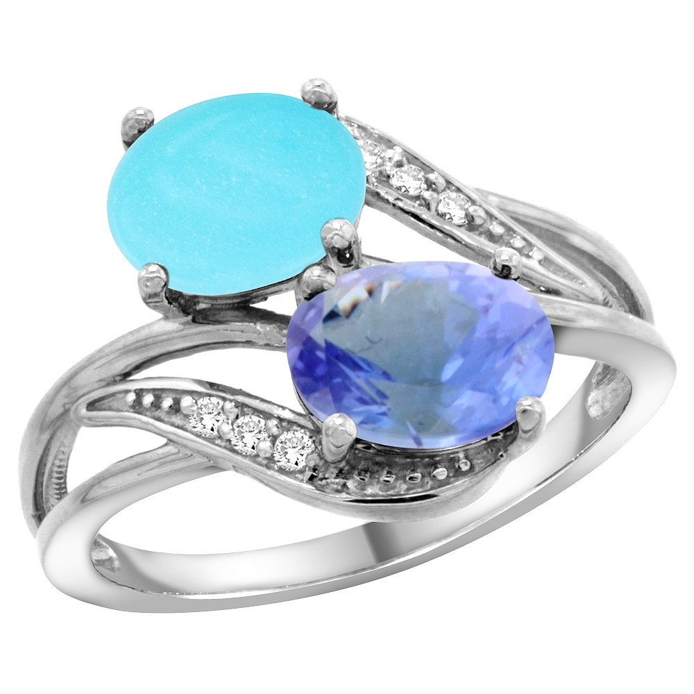 14K WHITE GOLD DIAMOND NATURAL TURQUOISE & TANZANITE 2-STONE RING OVAL 8X6MM, SIZES 5 - 10