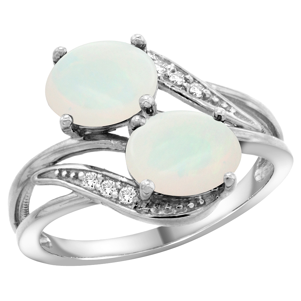 14K White Gold Diamond Natural Opal 2-stone Ring Oval 8x6mm, sizes 5 - 10