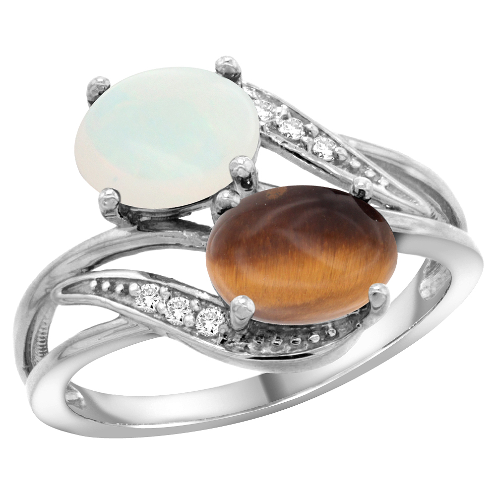 14K White Gold Diamond Natural Opal &amp; Tiger Eye 2-stone Ring Oval 8x6mm, sizes 5 - 10