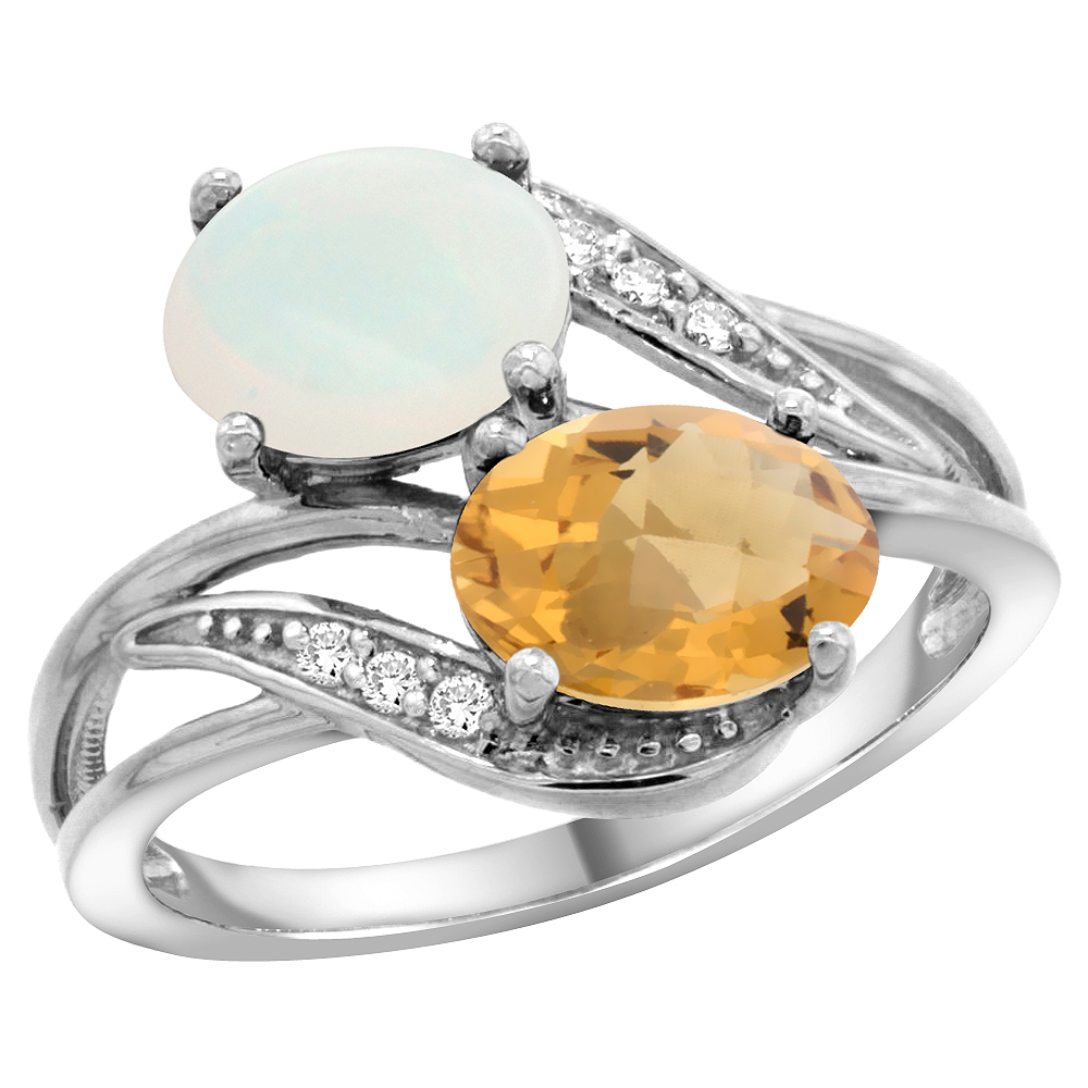 14K White Gold Diamond Natural Opal &amp; Whisky Quartz 2-stone Ring Oval 8x6mm, sizes 5 - 10