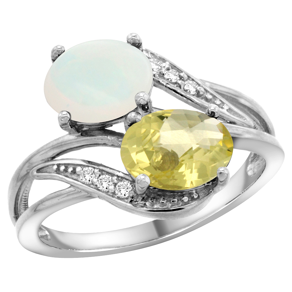 14K White Gold Diamond Natural Opal &amp; Lemon Quartz 2-stone Ring Oval 8x6mm, sizes 5 - 10