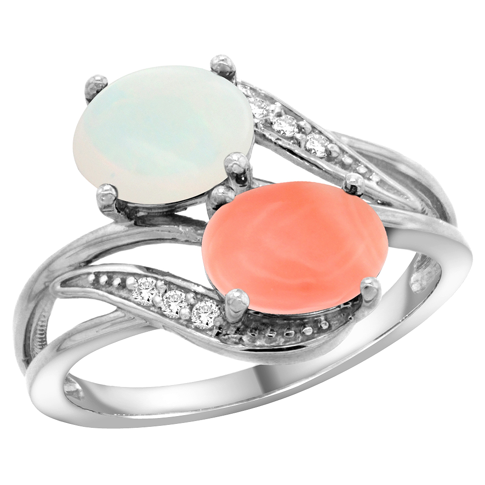 14K White Gold Diamond Natural Opal & Coral 2-stone Ring Oval 8x6mm, sizes 5 - 10