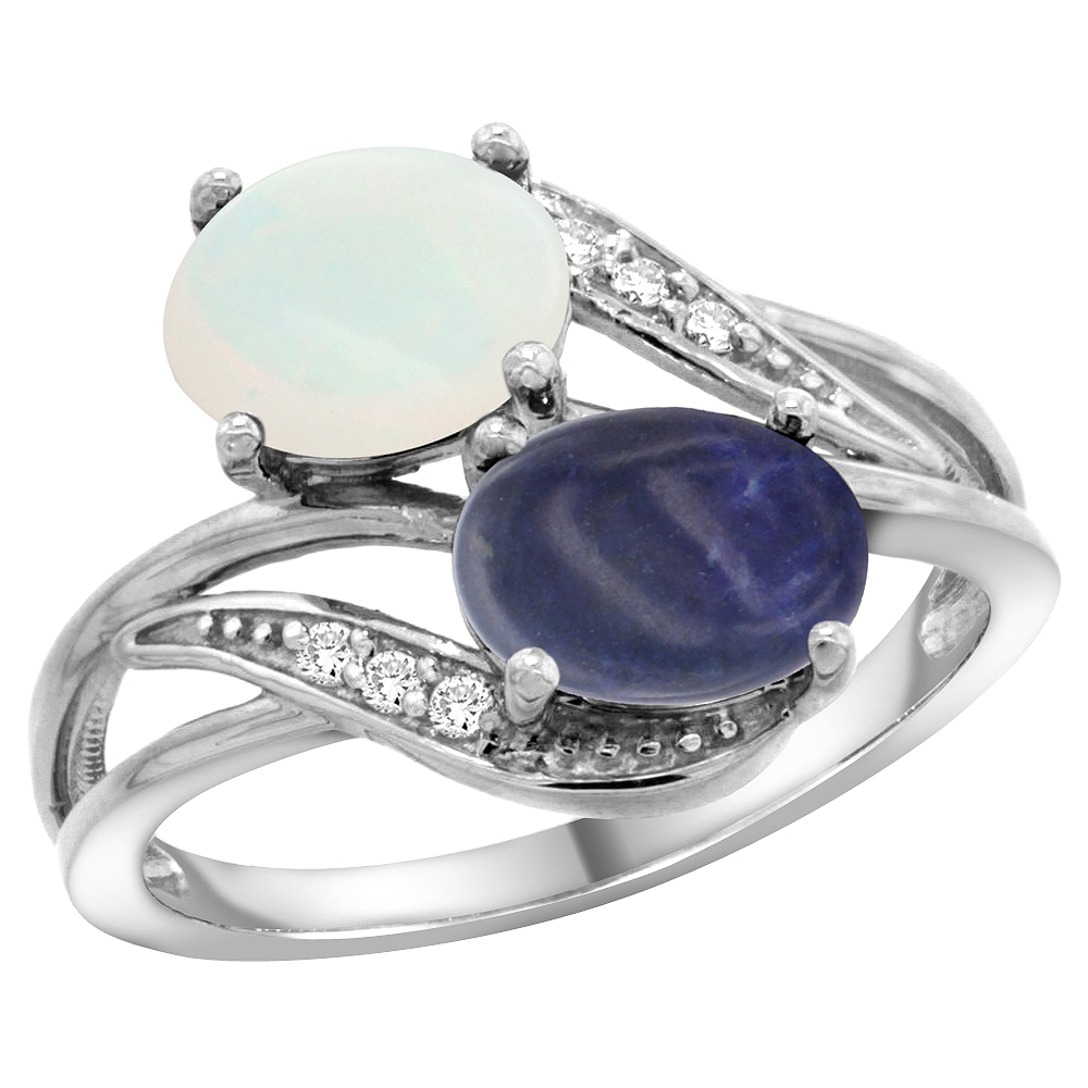 14K WHITE GOLD DIAMOND NATURAL OPAL & LAPIS 2-STONE RING OVAL 8X6MM, SIZES 5 - 10