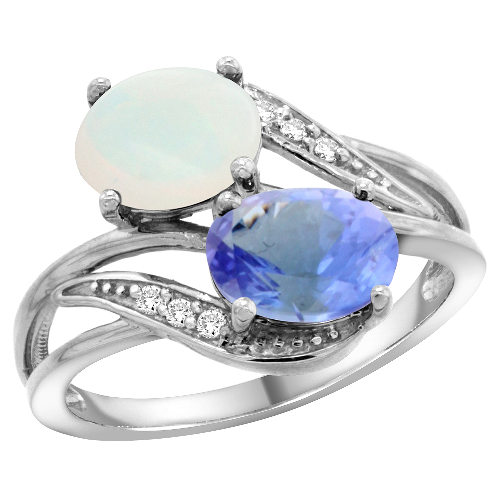 14K WHITE GOLD DIAMOND NATURAL OPAL & TANZANITE 2-STONE RING OVAL 8X6MM, SIZES 5 - 10