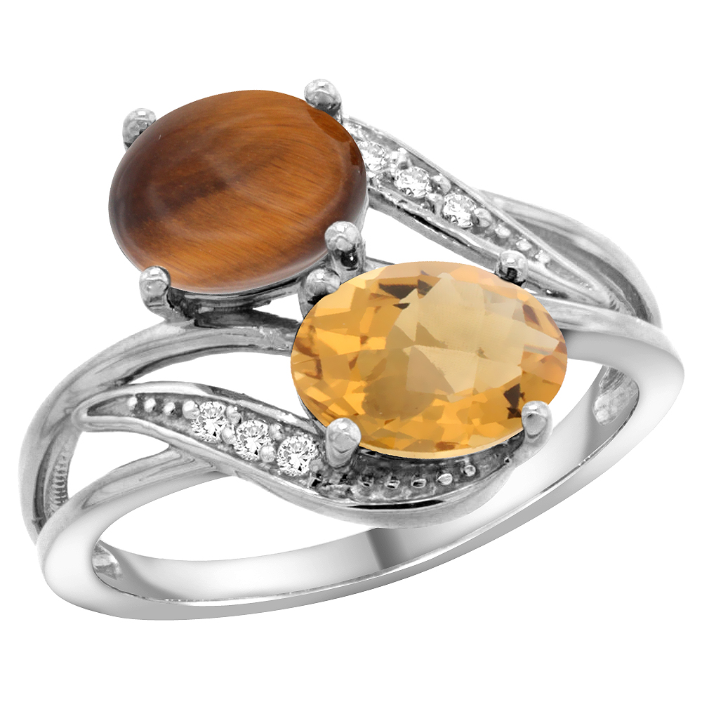 14K WHITE GOLD DIAMOND NATURAL TIGER EYE & WHISKY QUARTZ 2-STONE RING OVAL 8X6MM, SIZES 5 - 10