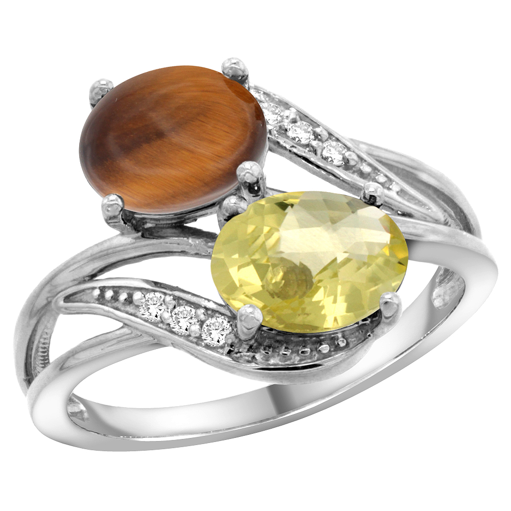 14K WHITE GOLD DIAMOND NATURAL TIGER EYE & LEMON QUARTZ 2-STONE RING OVAL 8X6MM, SIZES 5 - 10