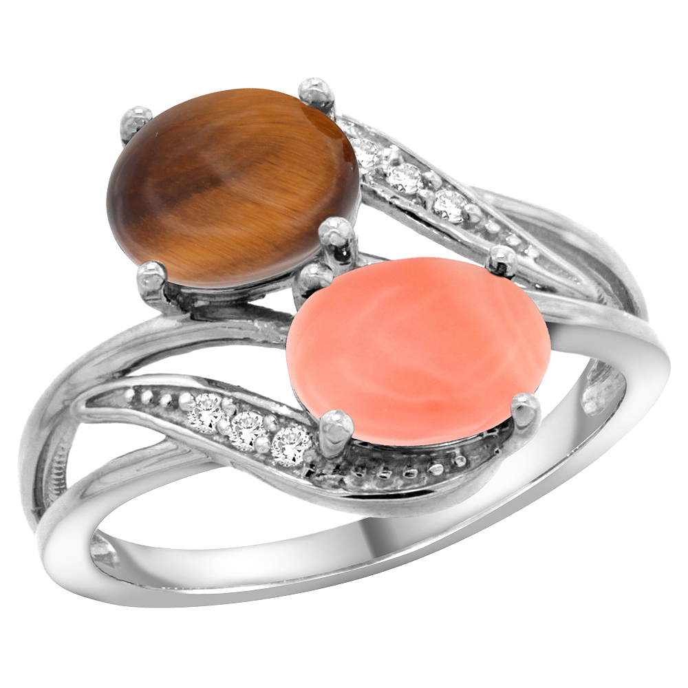 14K White Gold Diamond Natural Tiger Eye &amp; Coral 2-stone Ring Oval 8x6mm, sizes 5 - 10