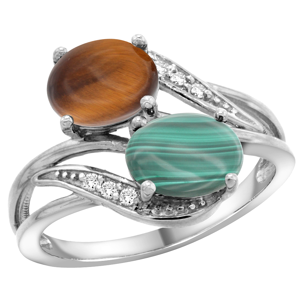14K WHITE GOLD DIAMOND NATURAL TIGER EYE & MALACHITE 2-STONE RING OVAL 8X6MM, SIZES 5 - 10