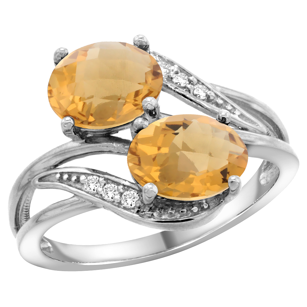 14K WHITE GOLD DIAMOND NATURAL WHISKY QUARTZ 2-STONE RING OVAL 8X6MM, SIZES 5 - 10