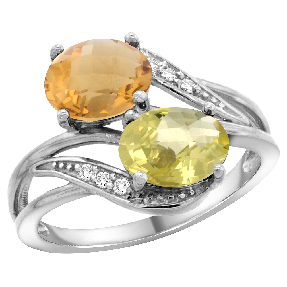 14K WHITE GOLD DIAMOND NATURAL WHISKY QUARTZ & LEMON QUARTZ 2-STONE RING OVAL 8X6MM, SIZES 5 - 10