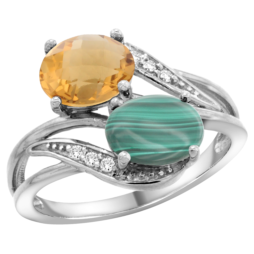 14K WHITE GOLD DIAMOND NATURAL WHISKY QUARTZ & MALACHITE 2-STONE RING OVAL 8X6MM, SIZES 5 - 10