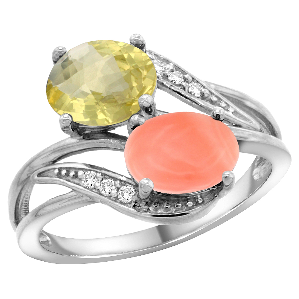14K WHITE GOLD DIAMOND NATURAL LEMON QUARTZ & CORAL 2-STONE RING OVAL 8X6MM, SIZES 5 - 10
