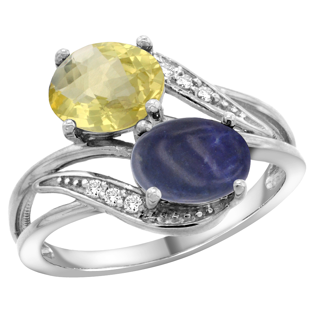 14K WHITE GOLD DIAMOND NATURAL LEMON QUARTZ & LAPIS 2-STONE RING OVAL 8X6MM, SIZES 5 - 10