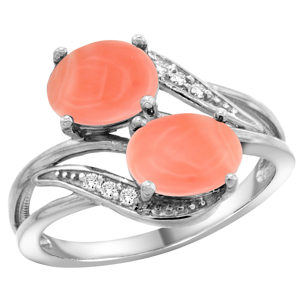 14K WHITE GOLD DIAMOND NATURAL CORAL 2-STONE RING OVAL 8X6MM, SIZES 5 - 10