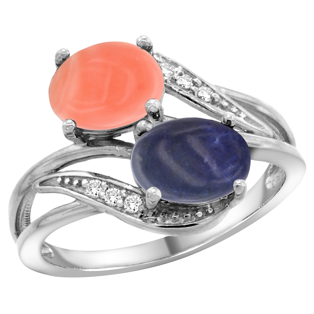 14K WHITE GOLD DIAMOND NATURAL CORAL & LAPIS 2-STONE RING OVAL 8X6MM, SIZES 5 - 10