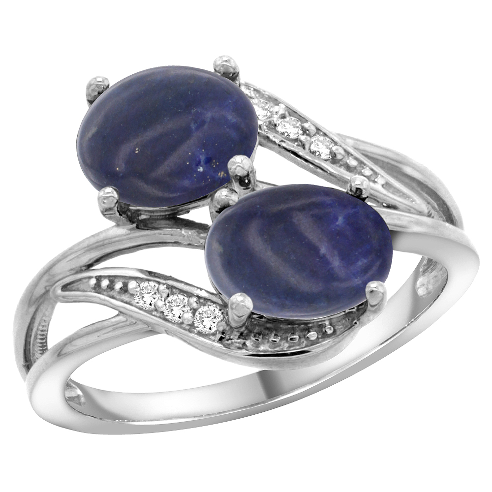 14K WHITE GOLD DIAMOND NATURAL LAPIS 2-STONE RING OVAL 8X6MM, SIZES 5 - 10