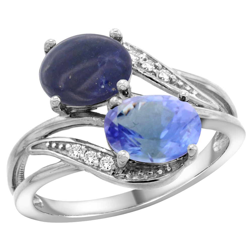 14K WHITE GOLD DIAMOND NATURAL LAPIS & TANZANITE 2-STONE RING OVAL 8X6MM, SIZES 5 - 10