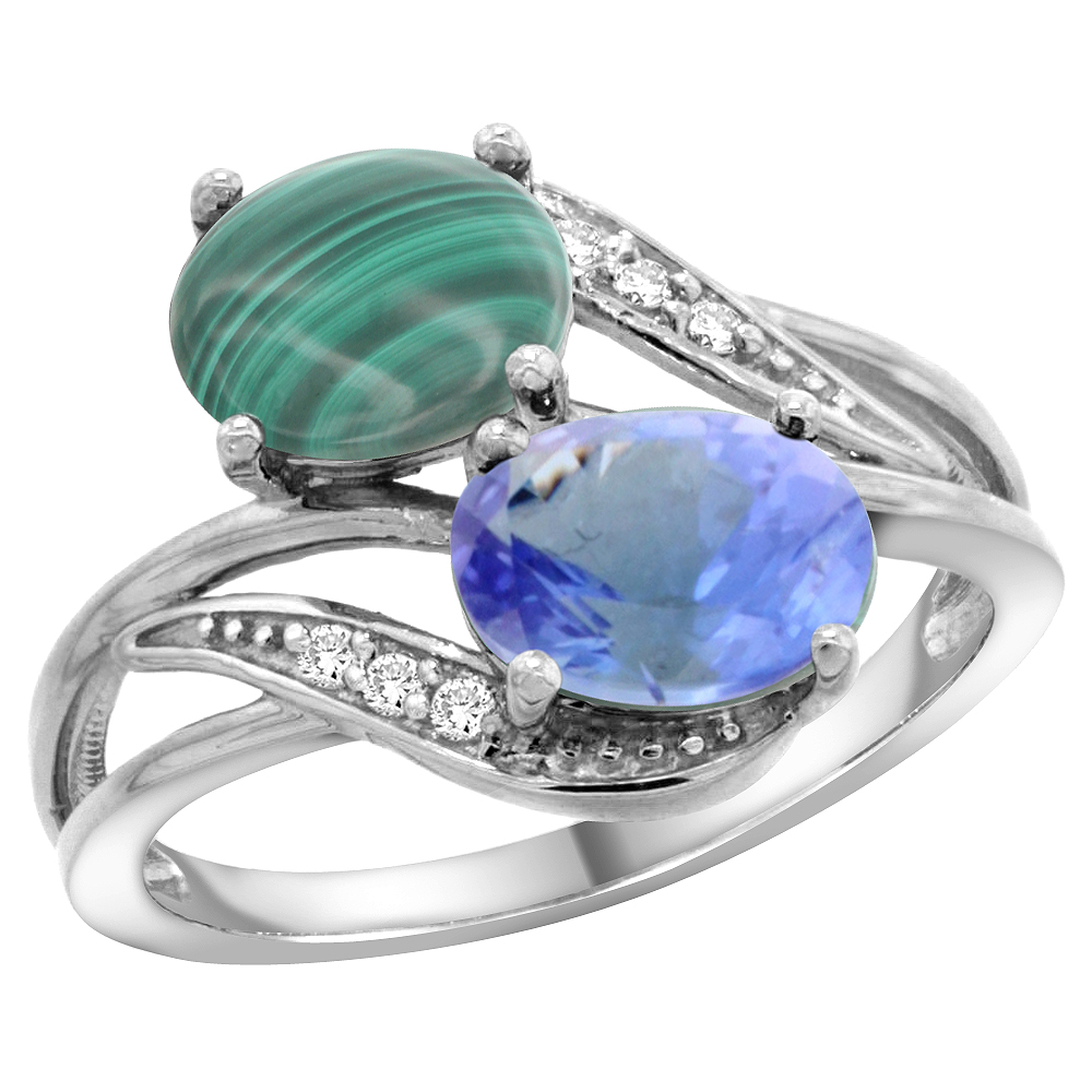 14K WHITE GOLD DIAMOND NATURAL MALACHITE & TANZANITE 2-STONE RING OVAL 8X6MM, SIZES 5 - 10