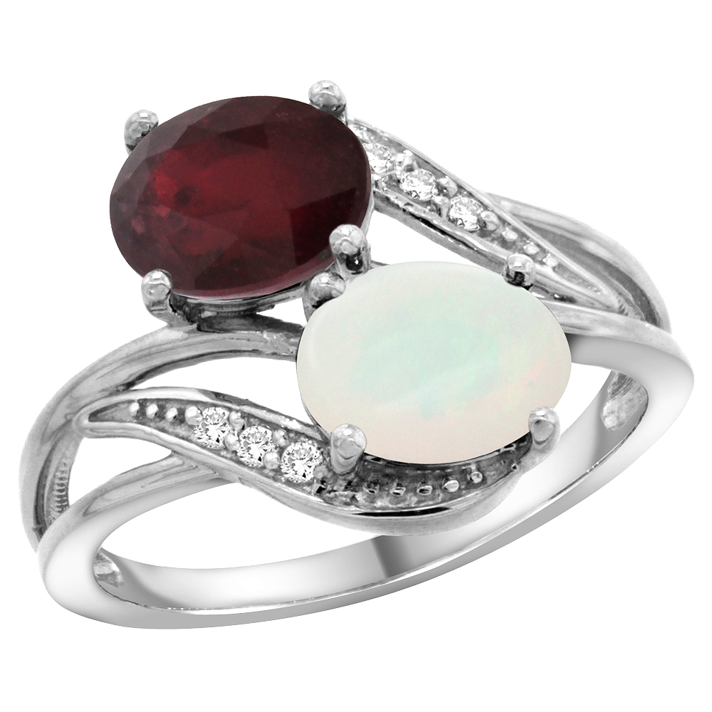 14K White Gold Diamond Natural Quality Ruby &amp; Opal 2-stone Mothers Ring Oval 8x6mm, size 5 - 10