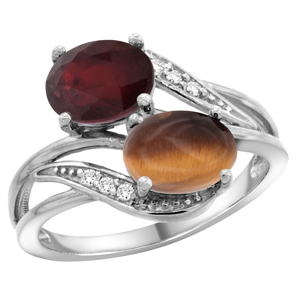 14K White Gold Diamond Natural Quality Ruby &amp; Tiger Eye 2-stone Mothers Ring Oval 8x6mm, size 5 - 10